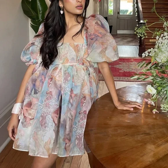 BEST Selkie The Mucha Puff Mini Dress Angel Print Party Cocktail Spring - Picture 4 of 13